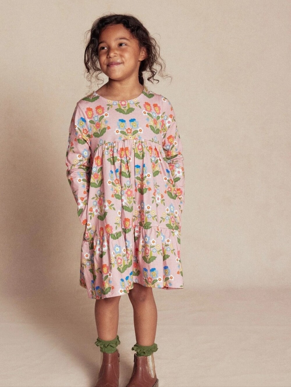 Mini Boden Kids' Floral Long Sleeve TieredCotton Jersey Dress Size 6-7